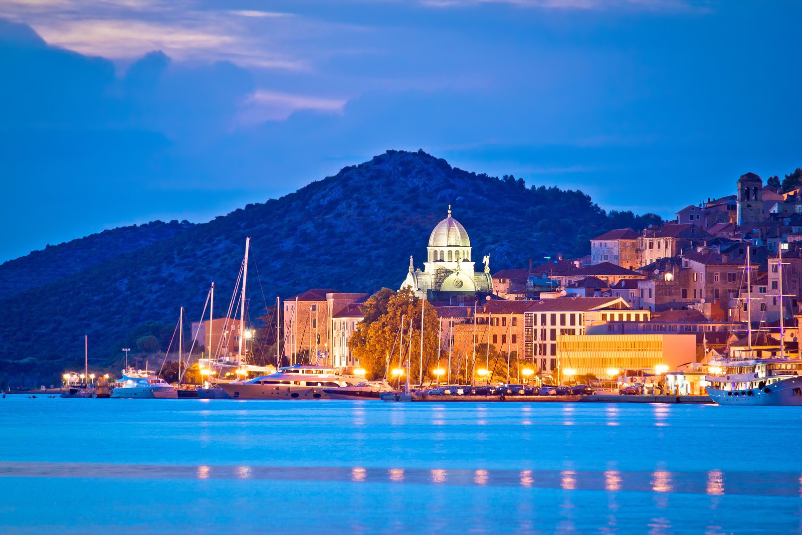 UNESCO town of Sibenik blue hour view Dalmatia Croatia
